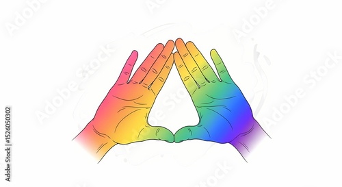Rainbow Hands Forming Triangle on White Background, Symbolizing