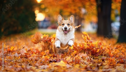 Adorable Corgi Playing in an Autumn Park, Leaping through Maple Leaves Pile Amidst Fall Colors, Capturing Joyful Energy and Warmth.
