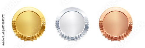 Gold, silver, bronze circle medals. Metal coins. First, second, third place award frames isolated on white background. Winners trophy. Blank shiny badge, label. Realistic vector illustration.
