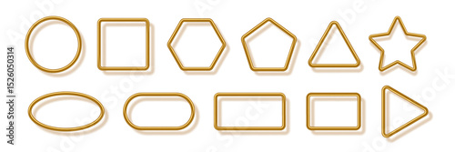 Gold metal photo frames set on white. Golden tube frames with shadow. Collection of geometric shapes: square, circle, triangle, rectangle, oval, pentagon, heart, star, ring. Vector illustration.