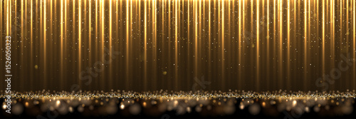 Golden silk fabric luxury background. Gold vertical draped satin cloth texture curtain on glitter confetti floor. Smooth shiny drape material curtain. Realistic modern vector banner.