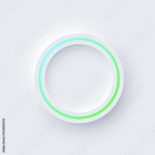 Round color frame with illuminated neon border on white background. Glowing white circle frame with color line. Modern abstract futuristic geometric vector illustration in soft pastel tones.