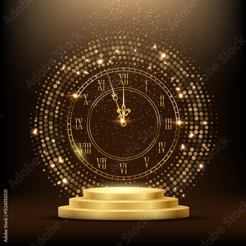 Happy New Year greeting card vector background. Gold clock face with midnight time, falling confetti, glow light effects and golden podium on black. Luxury festive square greeting card, poster.