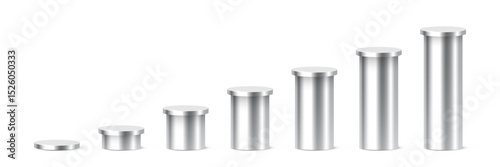 Silver metallic cylindrical podiums in ascending height. Minimalist 3D columns for ranking, data visualization, infographics, or product display. Realistic vector illustration.