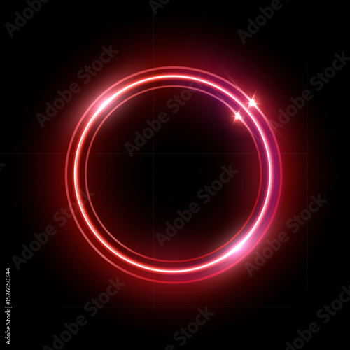 Neon red round frame. Abstract colorful glow light circle. Laser bright round shape. Futuristic illuminated button. Geometric graphic vector illustration isolated on black background.
