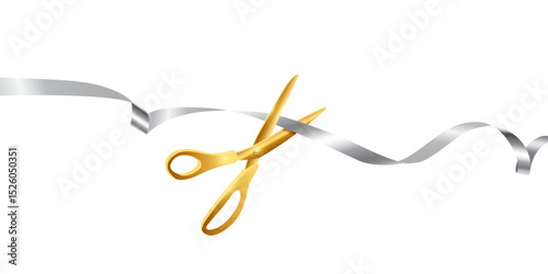 Grand opening ceremony. Golden scissors cutting silver ribbon isolated on white background. Luxury event announcement, stage celebration, or business launch. Realistic vector illustration.