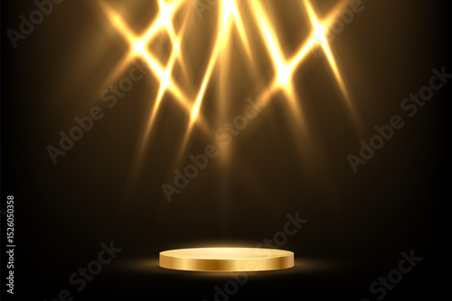 Golden stage podium with glowing spotlights. Sparkling golden starburst lights on dark background illuminating round pedestal. Award ceremony, party, show scene. Abstract vector illustration.