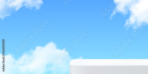 White minimal podium with rounded edges isolated on bright blue sky and soft clouds. Clean display pedestal for product presentation or advertisement. Abstract vector illustration.