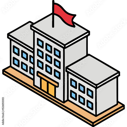A colorful vector isometric illustration of a school building with a red flag, representing education, campus, or learning environments.