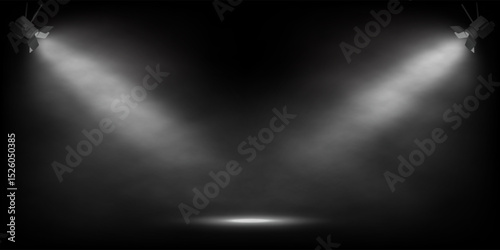 Spotlights on black stage. Two white lights shining from corners on dark stage. Abstract vector illustration for product display, award ceremony, presentation.