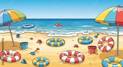 Sandy Beach Scene with Colorful Inflatable Rings and Umbrellas
