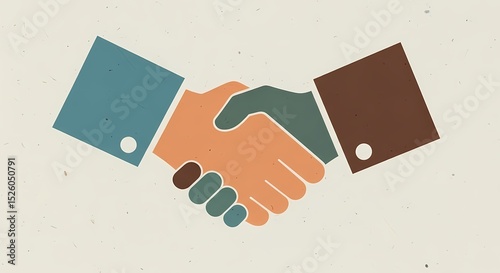 Stylized Handshake Graphic with Geometric Shapes and Textured Ba