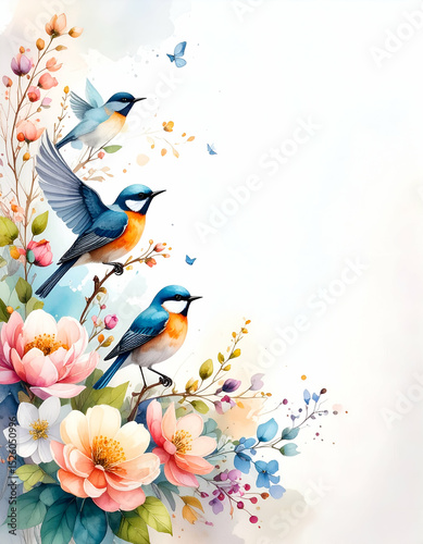 A vibrant illustration of colorful birds among blooming flowers, ideal for decorative use.