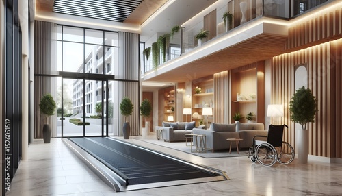 Modern apartment lobby with ramps and wide doors designed for accommodating elderly and differently-abled residents.