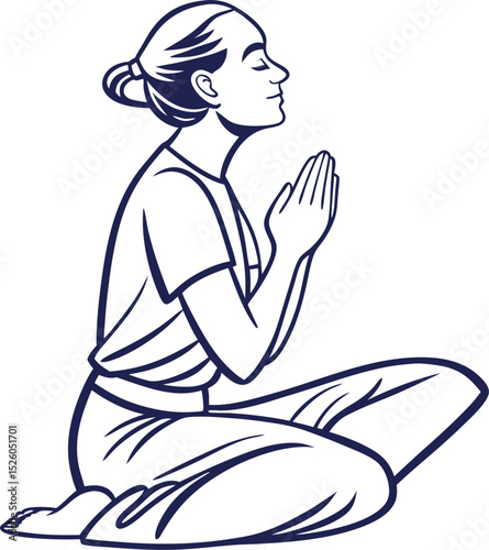 Serene woman in prayer pose simple line art illustration