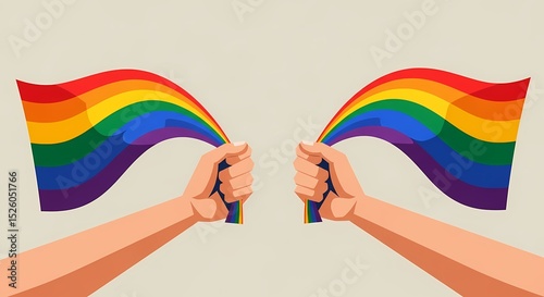 Two hands proudly holding vibrant rainbow flags against a neutra