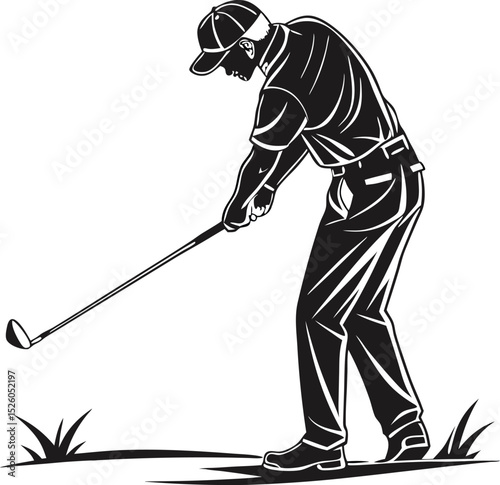 Golfer swinging a golf club black and white illustration