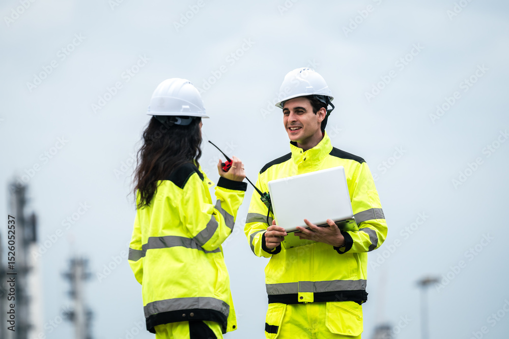 Fototapeta premium Construction worker engineer man and woman using laptop and blueprint, analyzing work progress together at an outdoor refinery project site with industrial background.