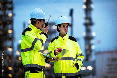 Slika na platnu Factory worker engineer man and woman using laptop at night, working together on refinery site with industrial lights in background