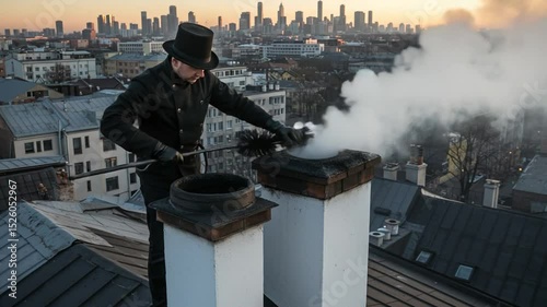 Chimney sweep cleaning flue on rooftop at sunset skyline