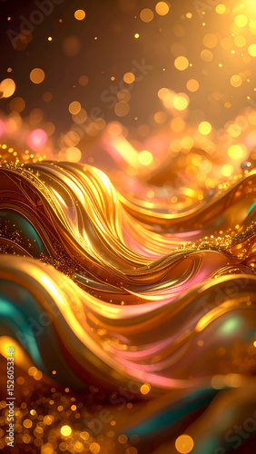 A mesmerizing abstract scene featuring flowing golden waves and shimmering lights.