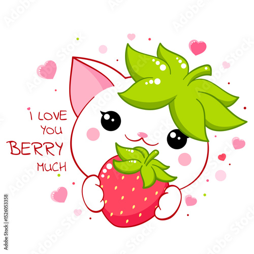 Cute cat with strawberry. Inscription I love you berry much. Kawaii little kitty and ripe red berry. Happy summer time card. Can be used for t-shirt print, sticker, greeting card design. Vector EPS8