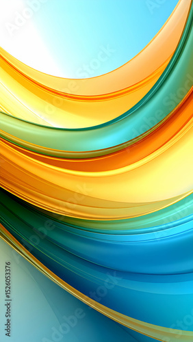 A vibrant abstract design featuring flowing lines in blue, yellow, and green hues.