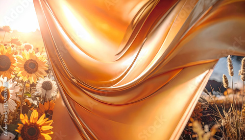 A flowing golden fabric amidst sunflowers in a serene landscape.