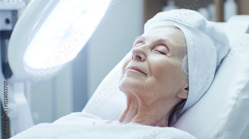 Elderly female relaxing during facial spa treatment in bright room
