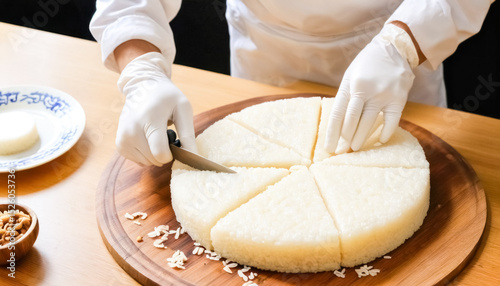 Chef slicing traditional japanese rice cake on wooden board