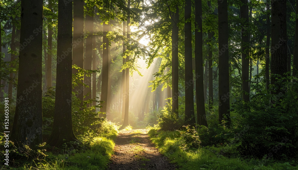 Fototapeta premium Morning light flooding through deep green woods creates tranquil atmosphere