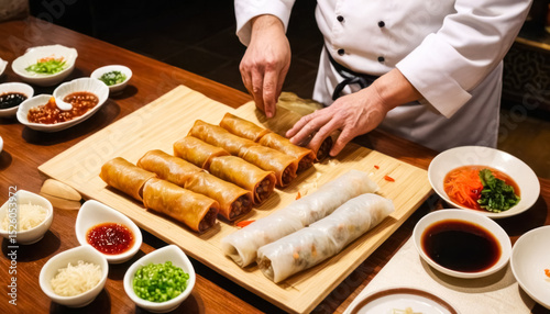 Chef preparing asian spring rolls in restaurant kitchen
