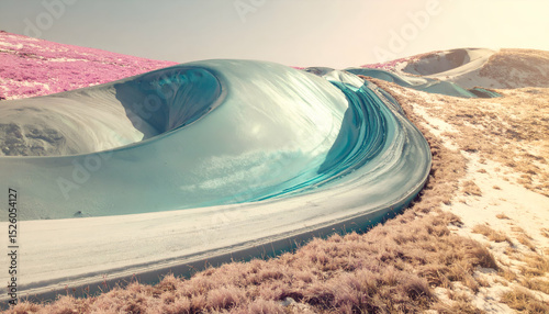 A surreal landscape with flowing, icy formations and vibrant colors.