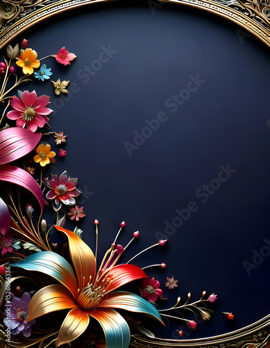 A decorative frame featuring vibrant flowers and intricate designs on a dark background.