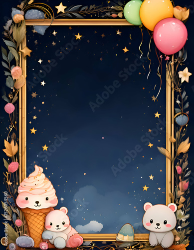 Cute illustration featuring ice cream, adorable bears, and colorful balloons in a starry frame.