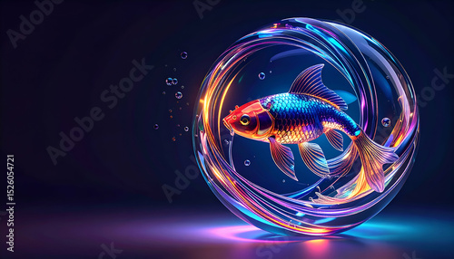 A vibrant fish swims within a colorful, illuminated bubble-like sphere.