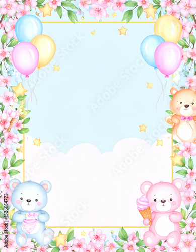 Cute bear-themed border with balloons and flowers for invitations or stationery.