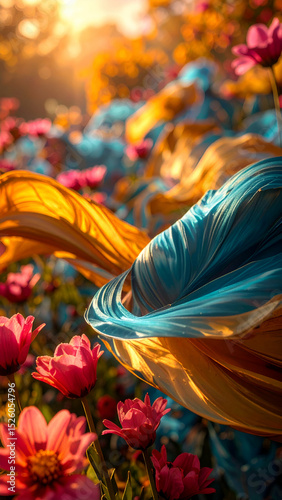 A vibrant blend of colorful fabric and flowers, creating a serene, artistic atmosphere.