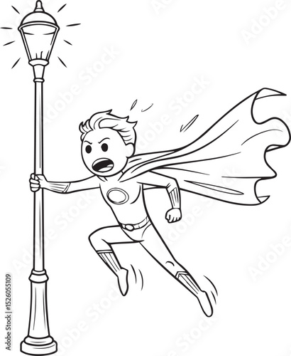 Superhero boy running past a streetlight