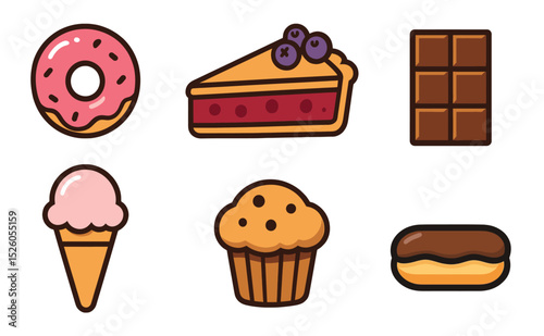 Sweet dessert icons set. Flat cartoon vector illustration of donut, pie, chocolate bar, ice cream, muffin and eclair