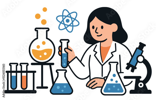 Female scientist in chemistry lab. Flat cartoon vector illustration of laboratory research with glassware and microscope