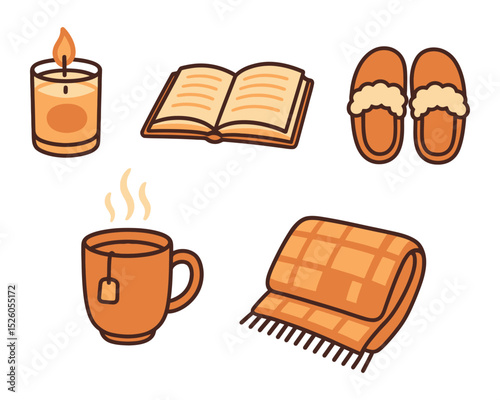 Cozy home essentials icons set. Flat cartoon vector illustration of candle, book, slippers, tea, and blanket