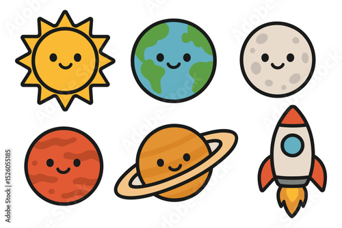 Cute space icons set. Flat cartoon vector illustration of smiling planets, sun, moon, and rocket