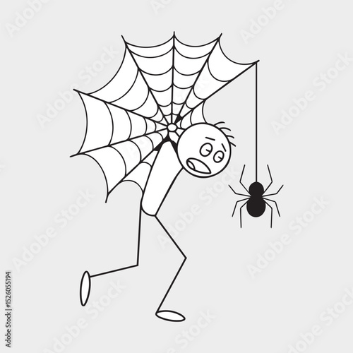 Stick figure trapped in spiderweb with spider