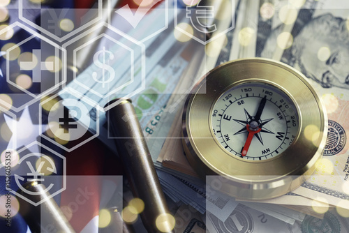 Magnetic compass. The concept of finding successful solutions to problems. Compass, map, sleeves, hands.