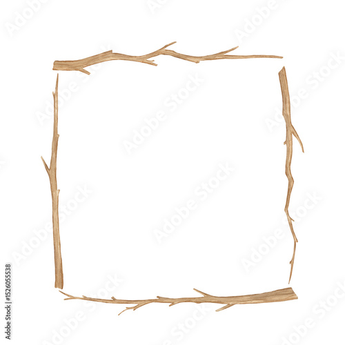 Watercolor tree branches square frame isolated on white background. Hand painted illustration, wooden brown dry twig