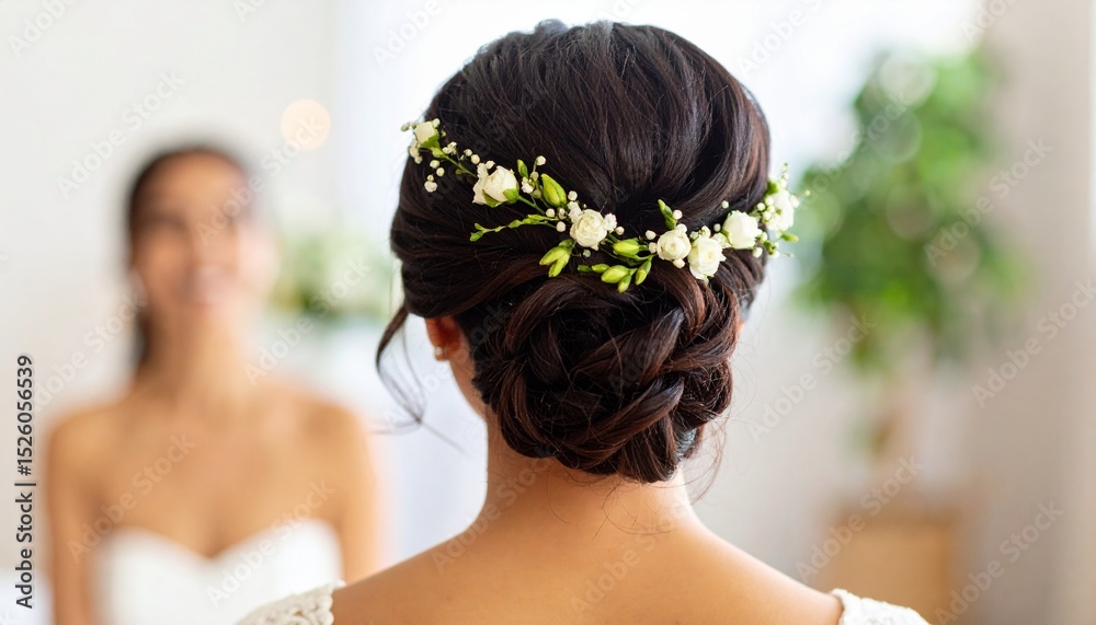 Naklejka premium Bride with elegant updo adorned with fresh flowers, captured during wedding preparation. Romantic, graceful, and detailed portrait highlighting bridal beauty and hair styling.