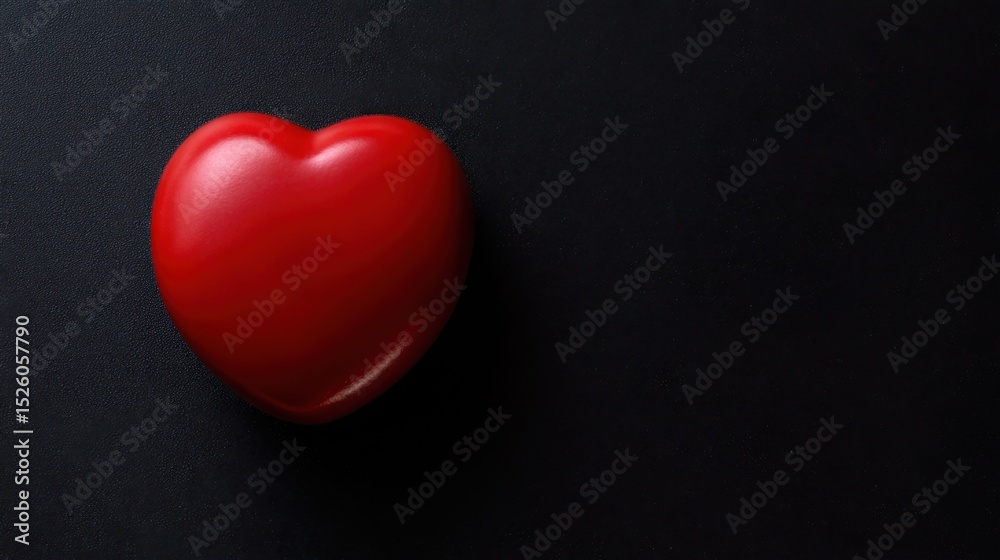 Obraz premium Glossy red heart-shaped object with smooth reflective surface prominently displayed against dark textured black background, creating striking visual contrast and minimalist aesthetic. Focused composit