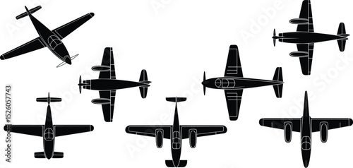 Vector illustration of airplanes top view, various aircraft silhouettes for aviation, air travel, transport design, flight concept, engineering, military scenes