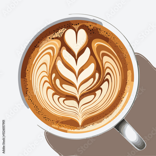 Realistic Top-Down View of Latte Art Coffee – Detailed Cappuccino with Foam Design Illustration
